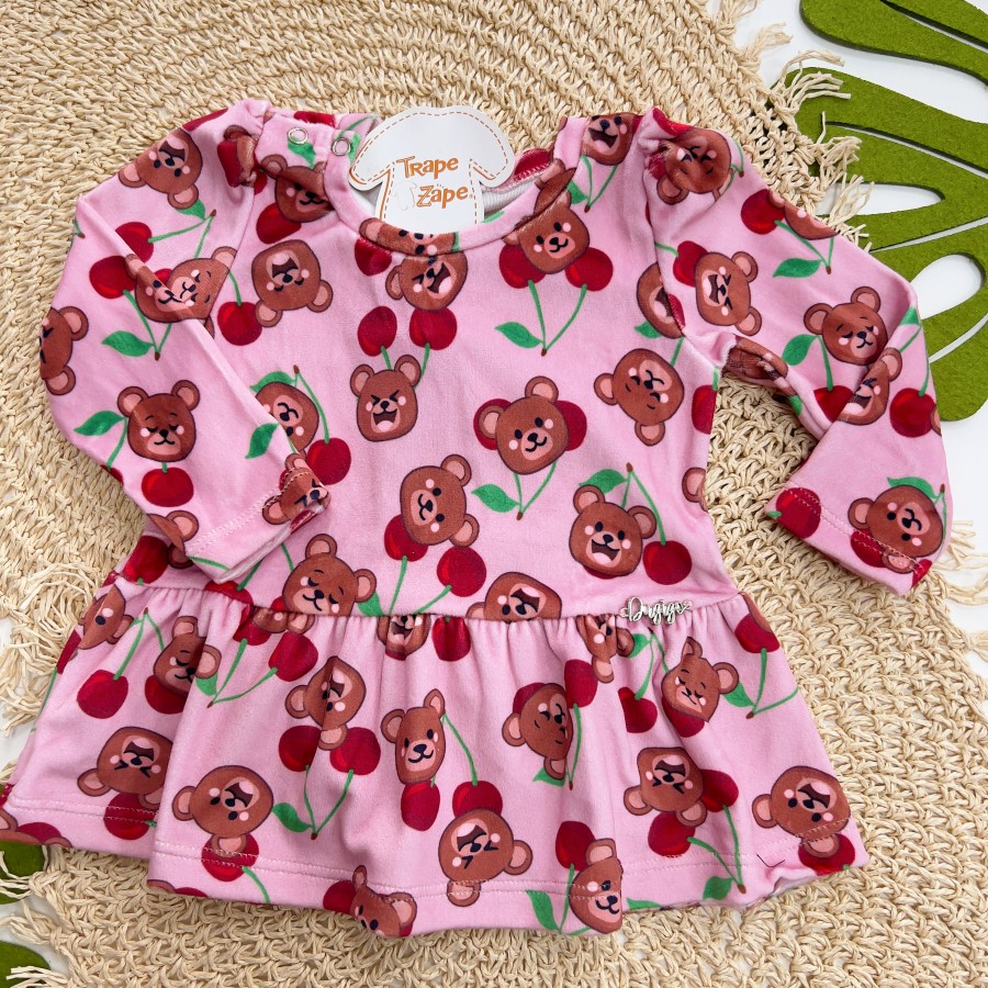 Vestido em Plush Ursinhos e Cerejinhas - Rosa